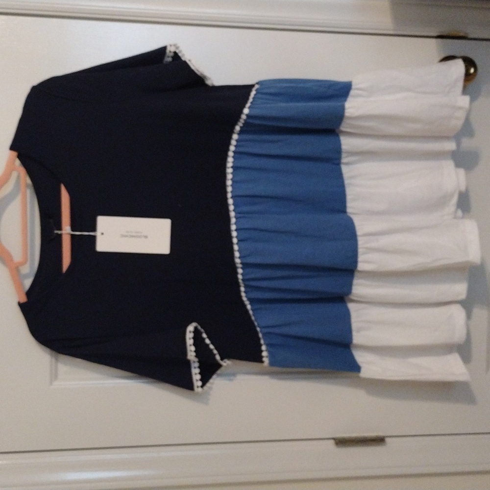 NWT Women's Navy Blue/Light Blue/White Smock Top Size 10